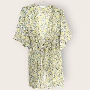 Lauren Conrad Womens Coverup Butter Yellow Green Floral Sheer Waist Tie Beachy